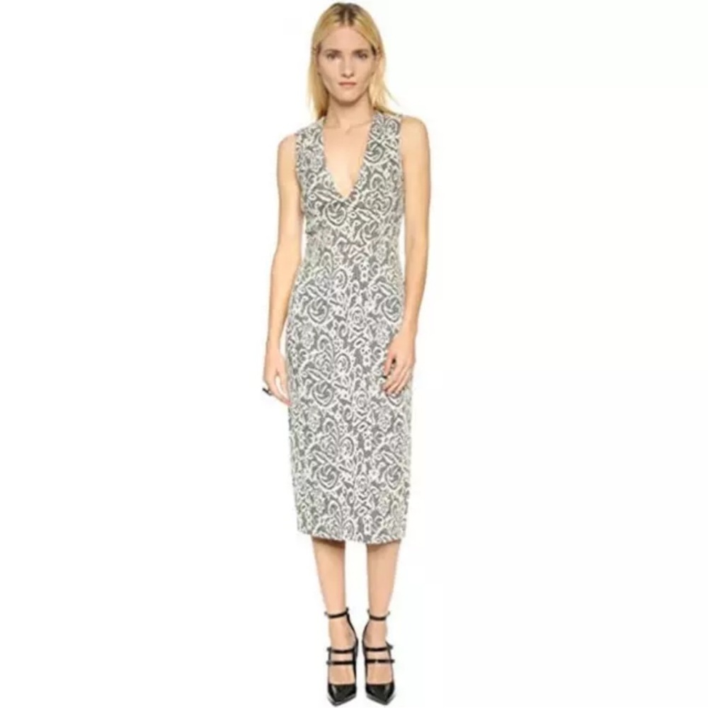 Nwt $398 Alice + Olivia Lilia Lace Textured Plunge V Neck Midi Sheath Dress 6